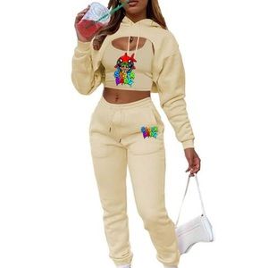 Women 3pcs Track Suit Super Crop Drawstring Hoodie with Tank and Joggers Set